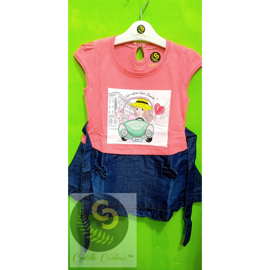 Cuddle Couture- Denim Frock Car Pink